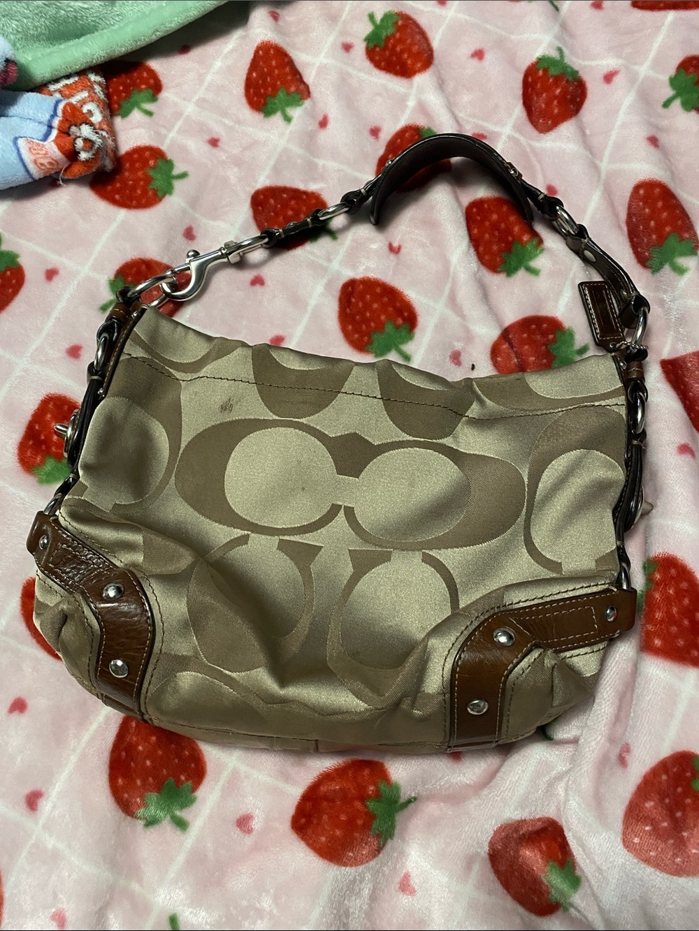 Coach Satin Signature Hobo in Khaki with Brown Trim